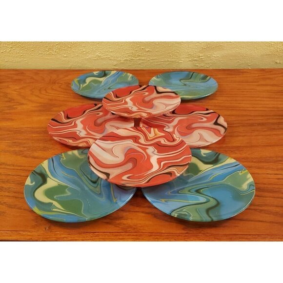 Pier 1 One Imports Swirl Appetizer Red Green Blue Plates Set  8 Vintage  6" - Picture 1 of 8